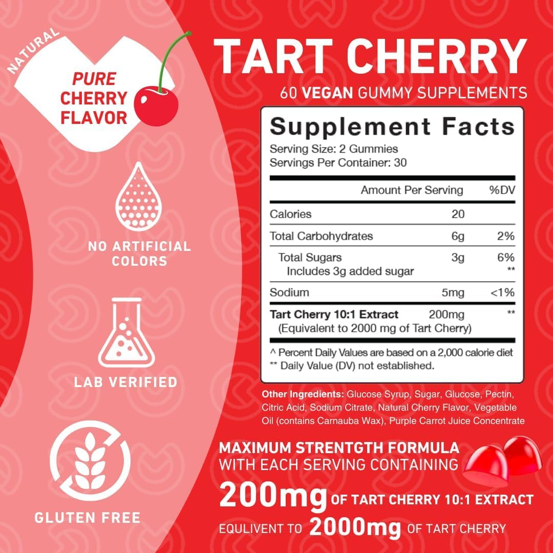 Tart Cherry Gummies for Joint Relief & Recovery – Uric Acid Flush, Antioxidant Rich Raw Juice Extract - Non-GMO, Gluten Free, Vegan - 60 Count x 2 Pack
