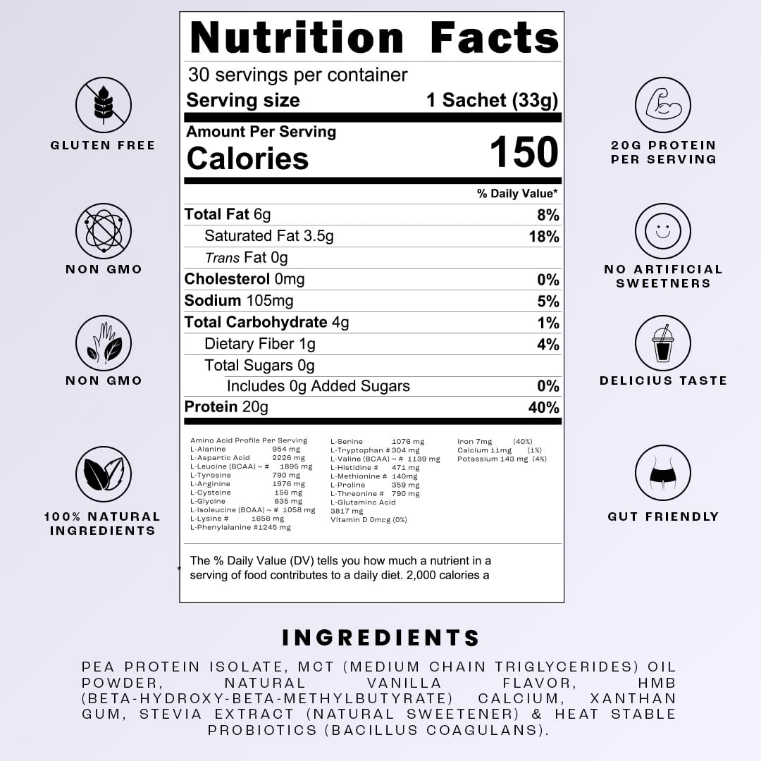 TASHIE Vegan Protein Powder Vanilla - Organic Plant-Based Powder with BCAA, HMB, Probiotics - Non-GMO, Gluten-Free, Keto-Friendly - NSF Certified - 28 Servings