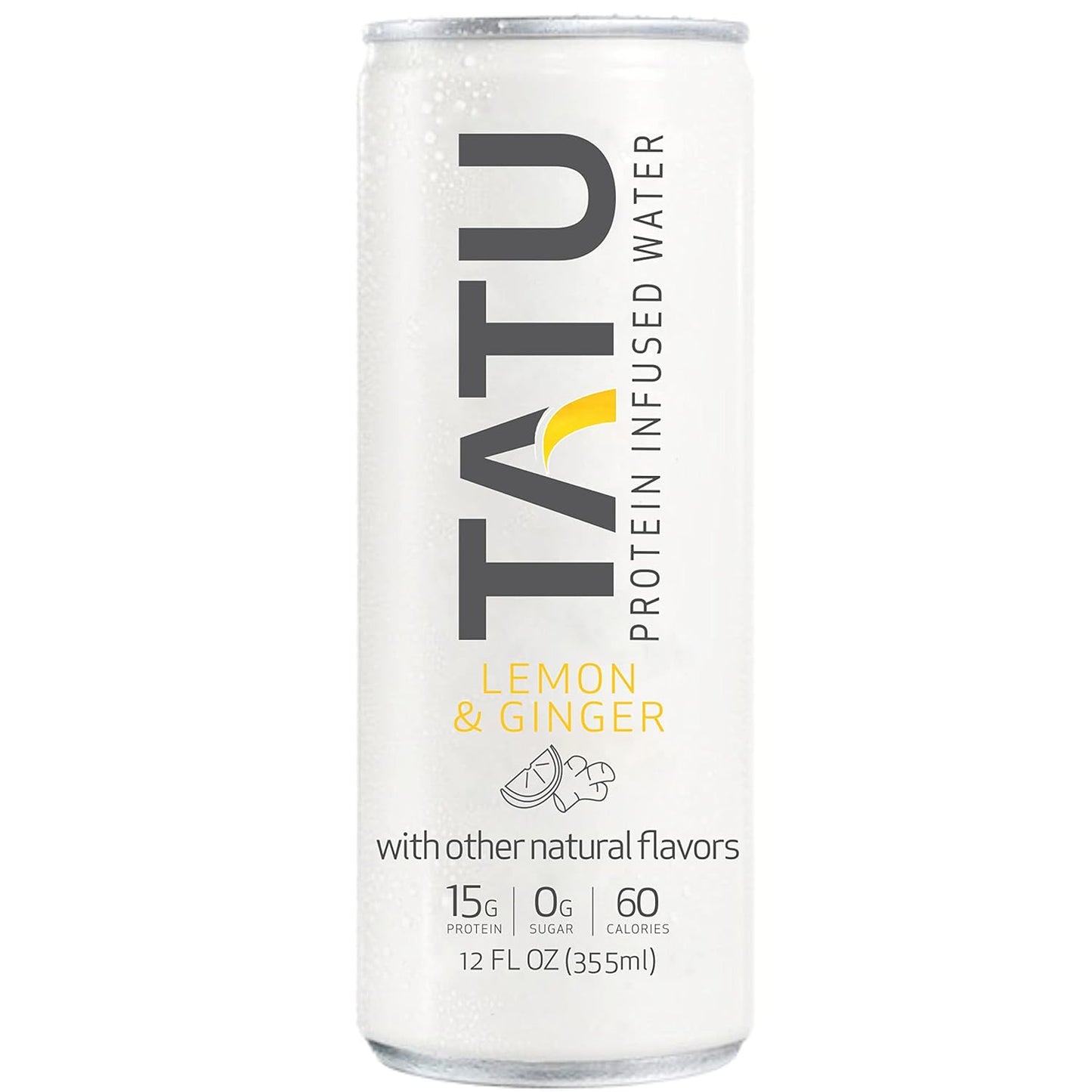 TATU Protein Infused Water Lemon Ginger 24 Pack - 15g Protein, 0g Sugar, 60 Calories. Lemon Ginger & Orange Mango Flavors. Gluten & Lactose Free.