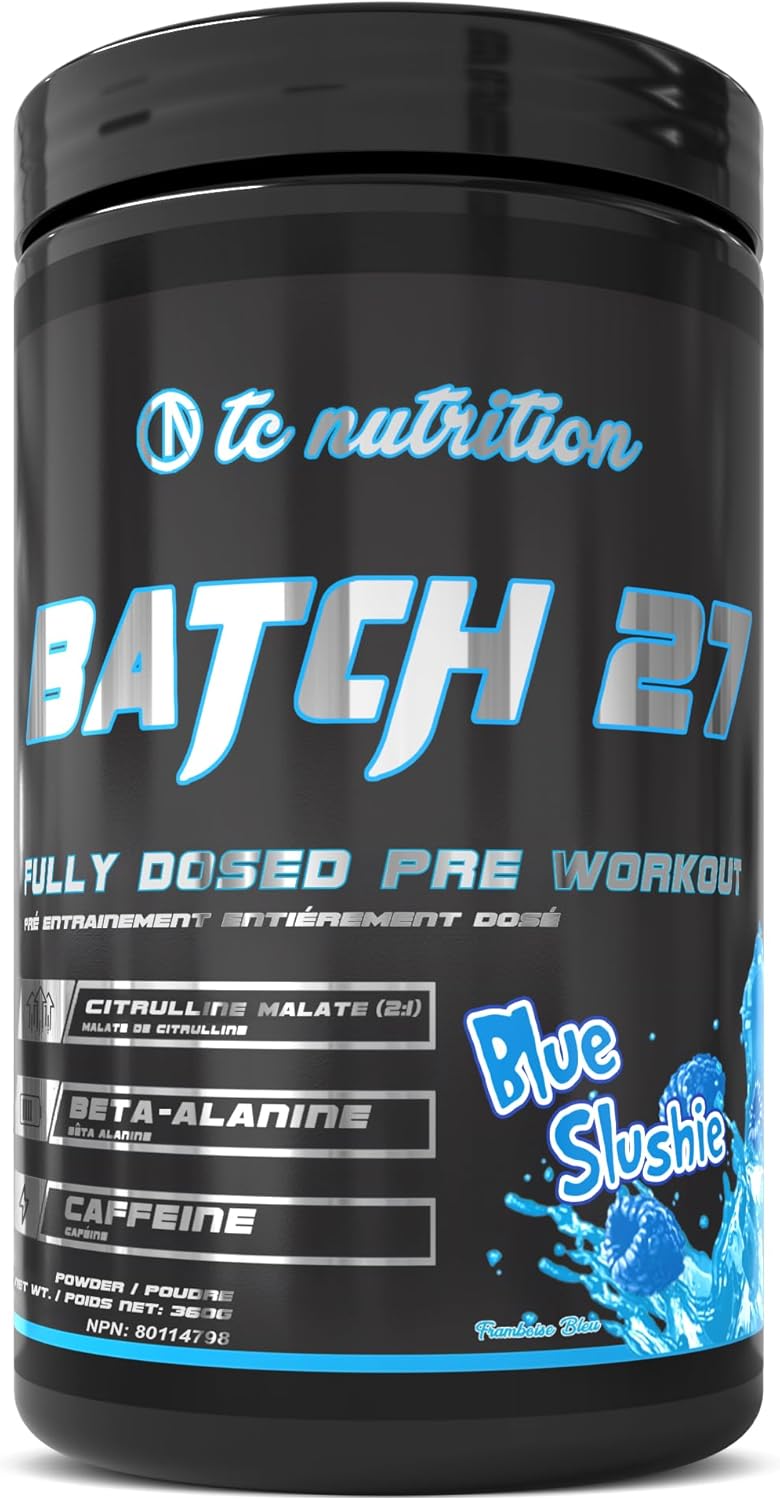 TC Nutrition Batch 27 Blue Slushie Pre Workout Powder with Citrulline, Beta Alanine, Betaine, Caffeine - Enhance Energy, Focus, Pumps, Strength - Nitric Oxide Booster & Preworkout Supplement