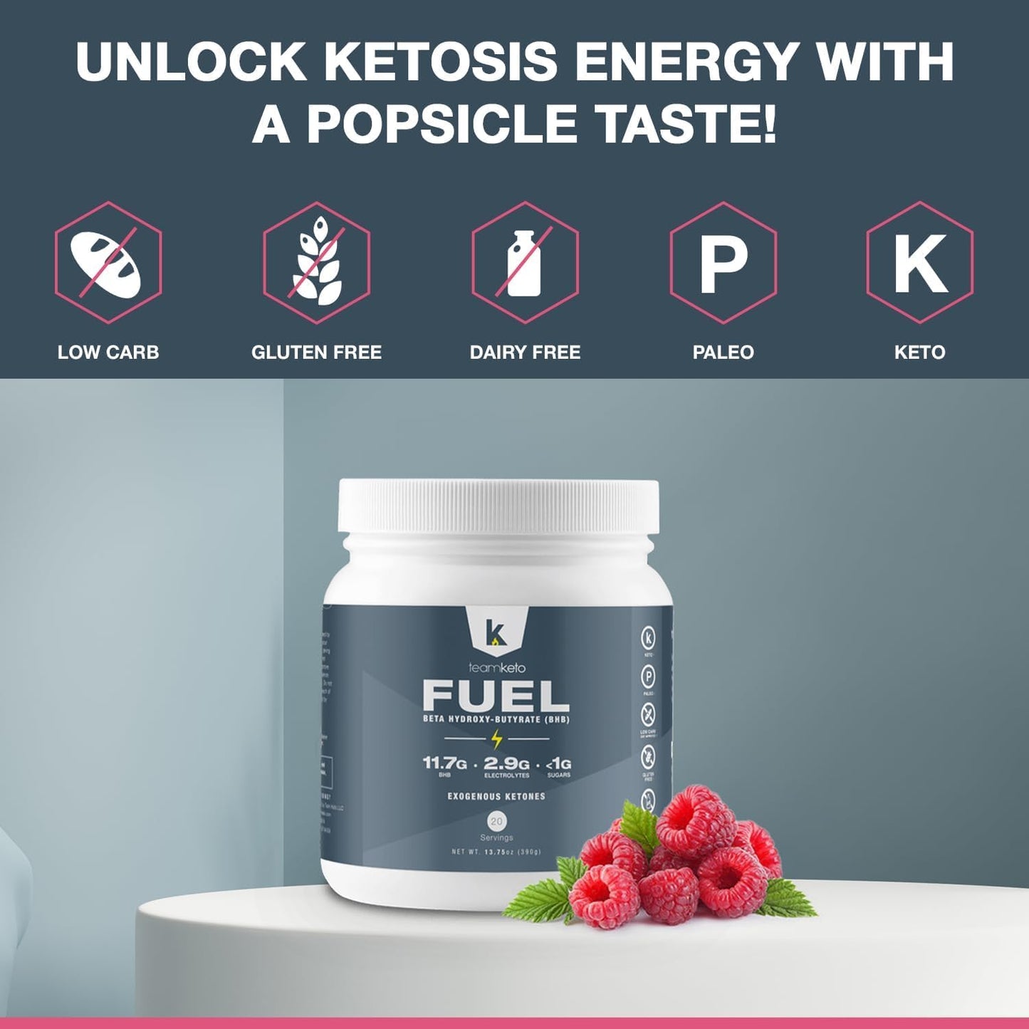 TeamKeto Exogenous Ketones Powder - Raspberry Lemonade Flavor | Gluten & Dairy Free BHB Salts for Energy Boost & Mental Performance - 436g Pre-Workout Supplement