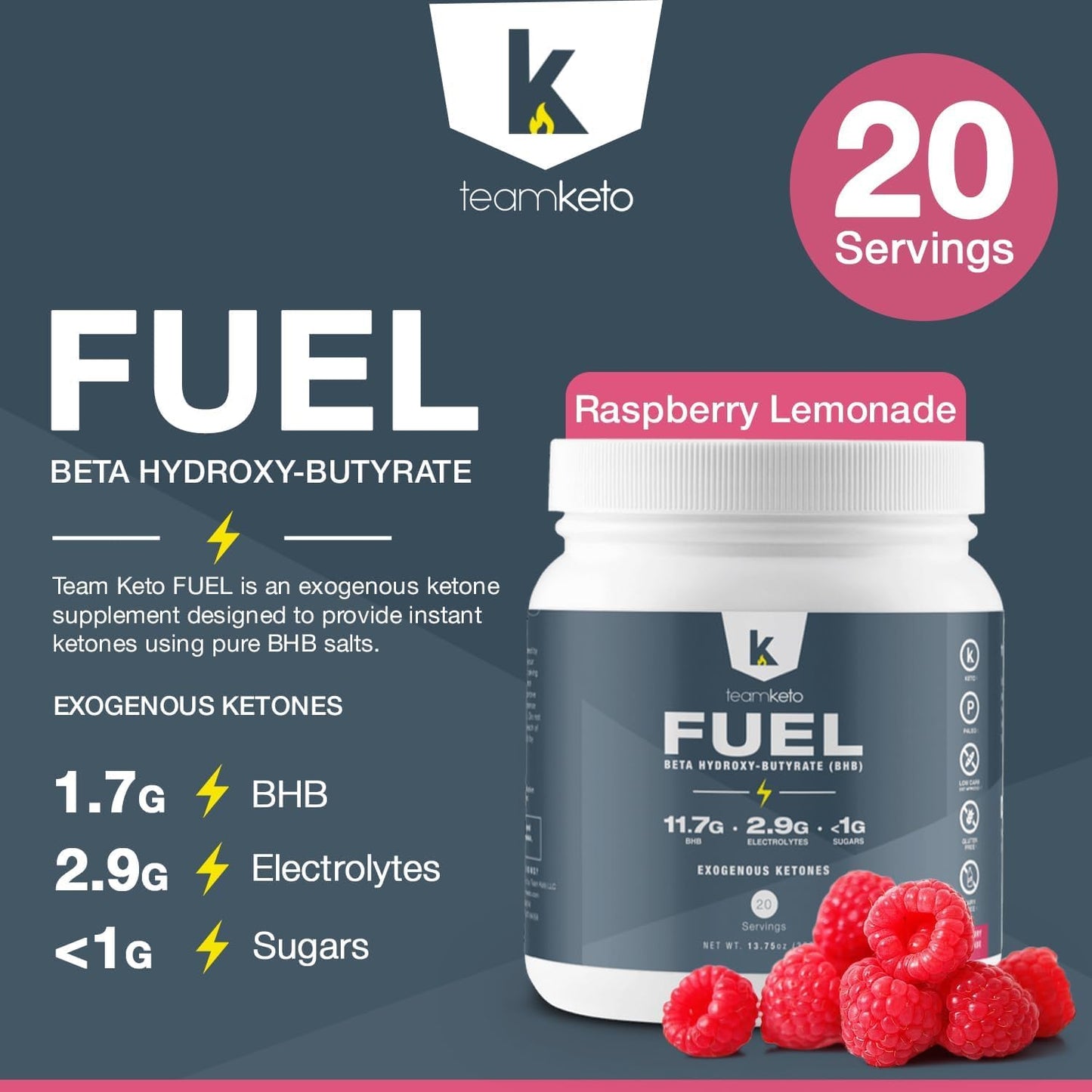 TeamKeto Exogenous Ketones Powder - Raspberry Lemonade Flavor | Gluten & Dairy Free BHB Salts for Energy Boost & Mental Performance - 436g Pre-Workout Supplement