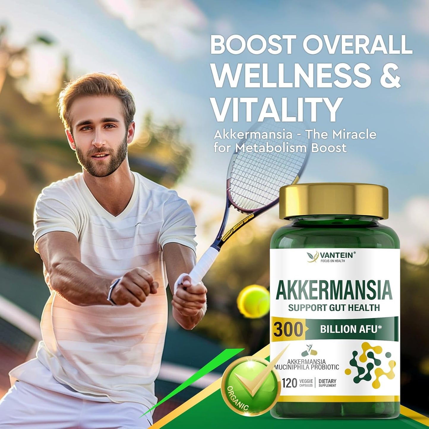 TEATTY 300 Billion AFU Akkermansia Muciniphila Probiotic Capsules - 60 Day Supply for Digestive & Immune Health in Men & Women
