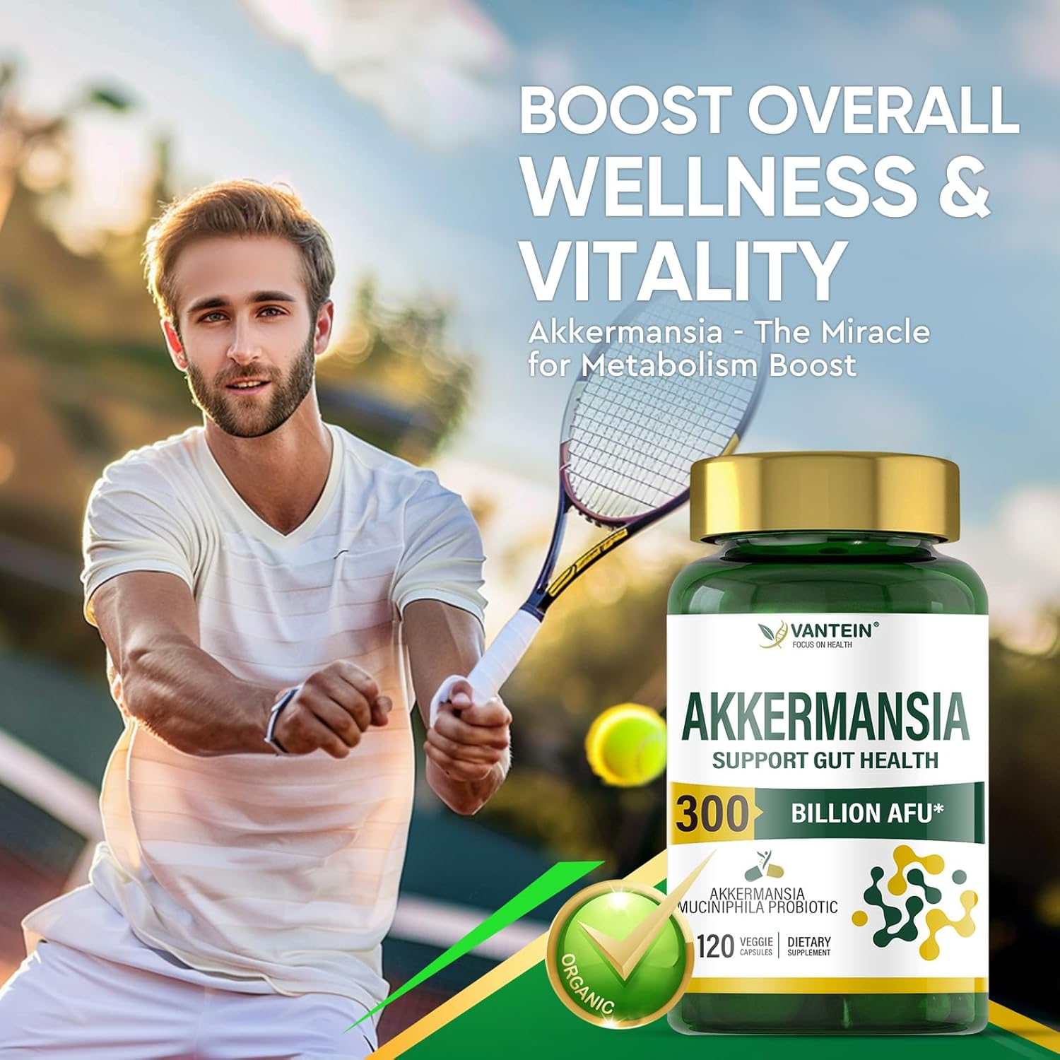 TEATTY 300 Billion AFU Akkermansia Muciniphila Probiotic Capsules - 60 Day Supply for Digestive & Immune Health in Men & Women