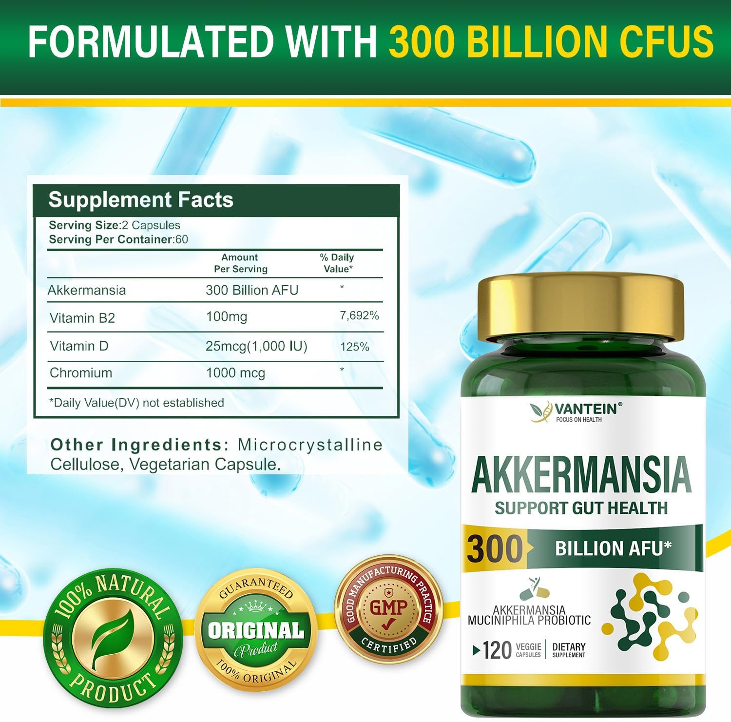TEATTY 300 Billion AFU Akkermansia Muciniphila Probiotic Capsules - 60 Day Supply for Digestive & Immune Health in Men & Women