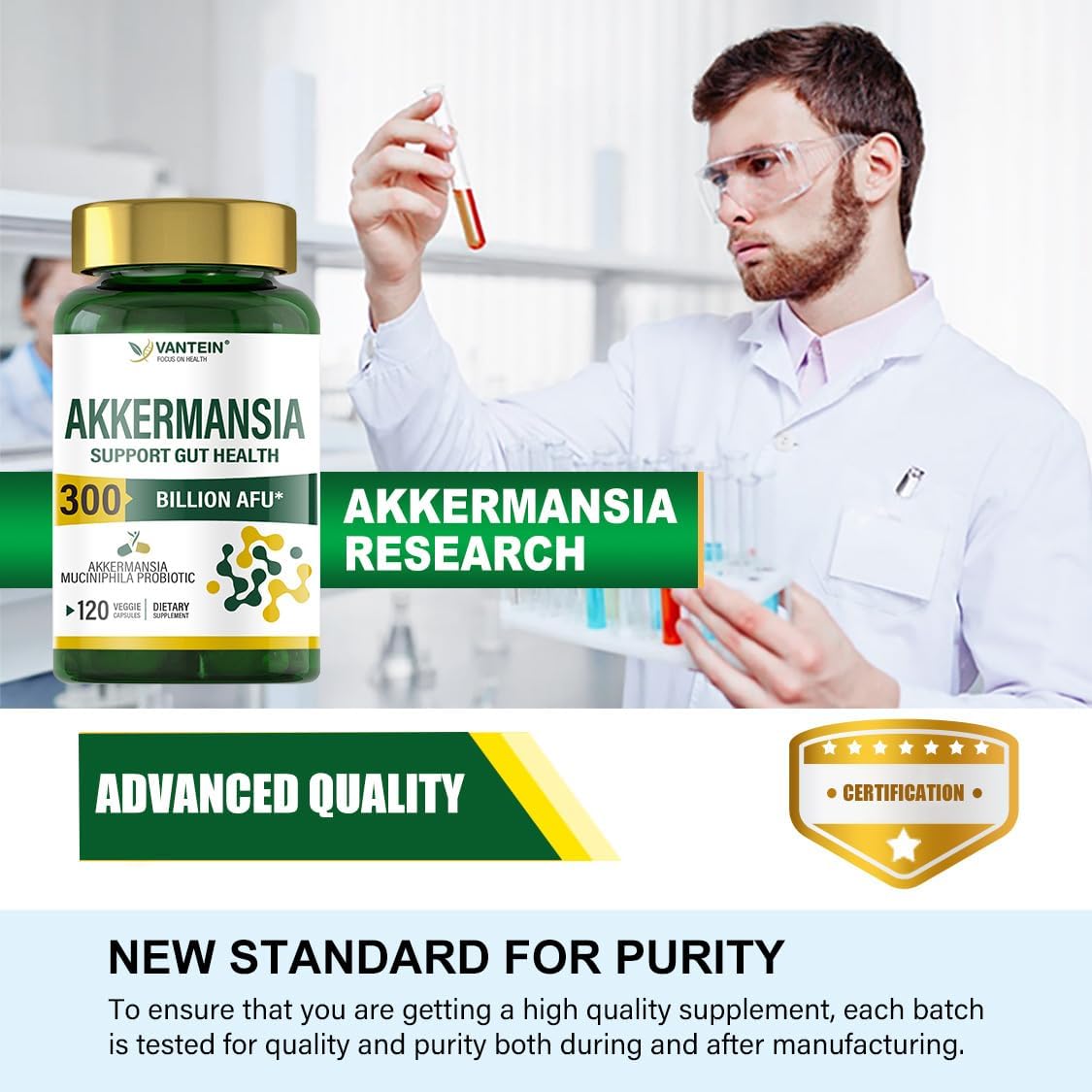 TEATTY 300 Billion AFU Akkermansia Muciniphila Probiotic Capsules - 60 Day Supply for Digestive & Immune Health in Men & Women