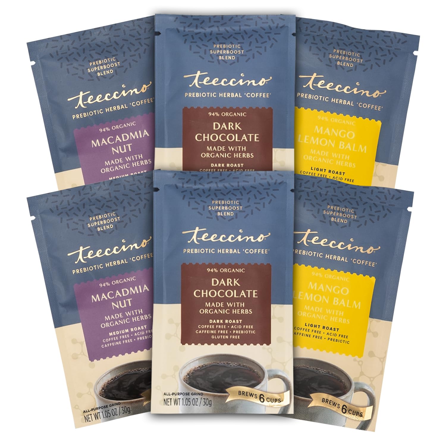 Teeccino Prebiotic SuperBoost™ Herbal Coffee Sampler - 6 Trial-Size Packets - Dark Chocolate, Mango Lemon Balm, Macadamia Nut - Gut-Healthy, Caffeine-Free Ground Coffee Alternatives