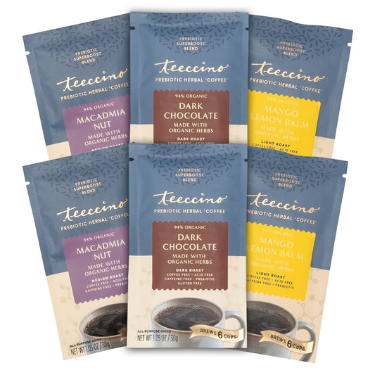 Teeccino Prebiotic SuperBoost™ Herbal Coffee Sampler - 6 Trial-Size Packets - Dark Chocolate, Mango Lemon Balm, Macadamia Nut - Gut-Healthy, Caffeine-Free Ground Coffee Alternatives