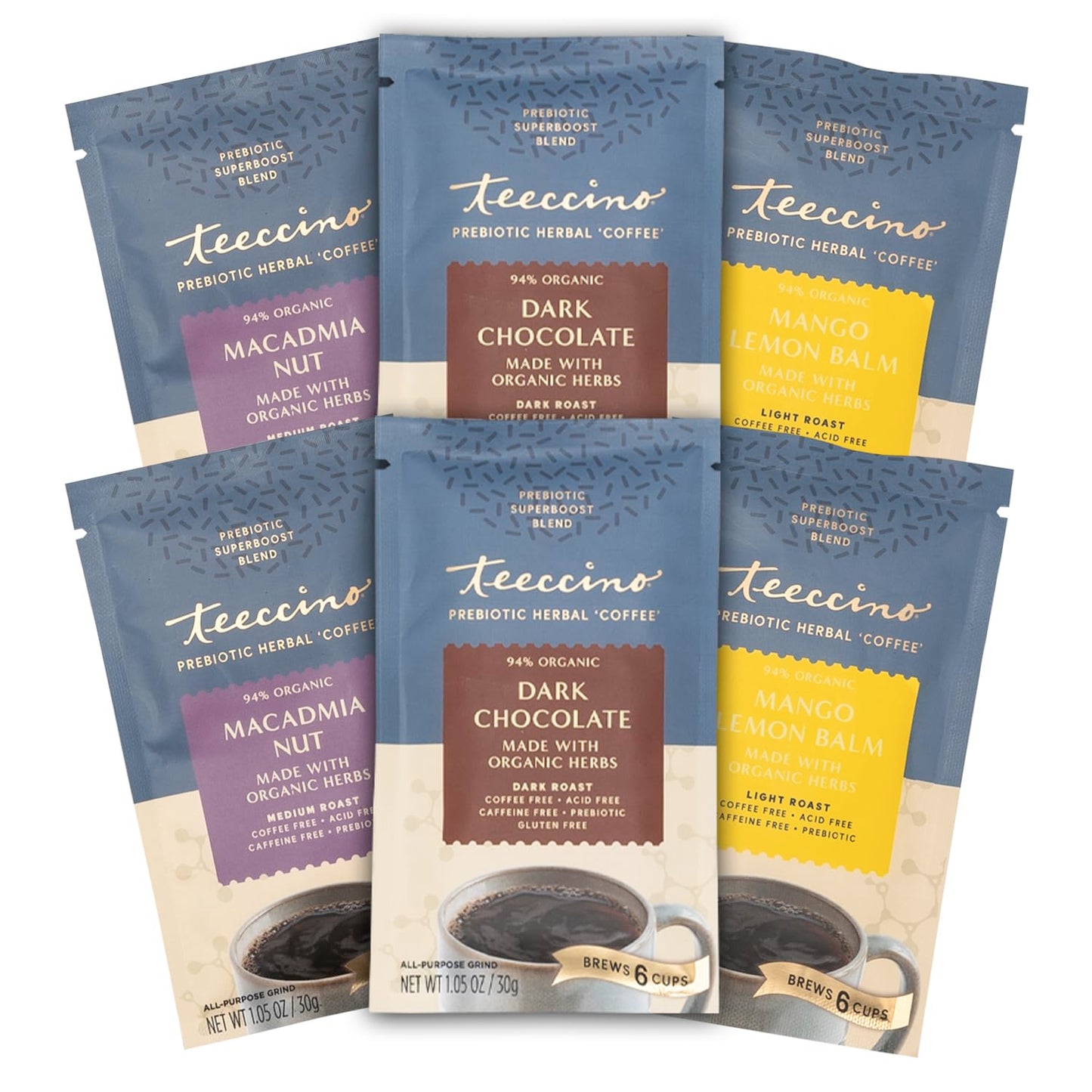 Teeccino Prebiotic SuperBoost™ Herbal Coffee Sampler - 6 Trial-Size Packets - Dark Chocolate, Mango Lemon Balm, Macadamia Nut - Gut-Healthy, Caffeine-Free Ground Coffee Alternatives