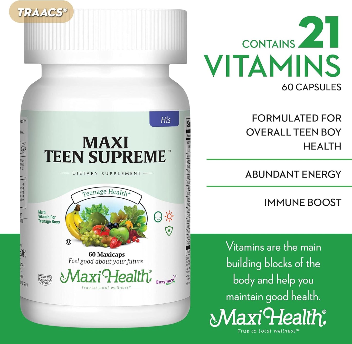 Teen Boy Multivitamin - Maxi Health Teen Supreme HIS Vitamins (60 Count) - Supports Nutrition, Energy, Immune System, and Antioxidant Levels - For Boys Ages 12-17