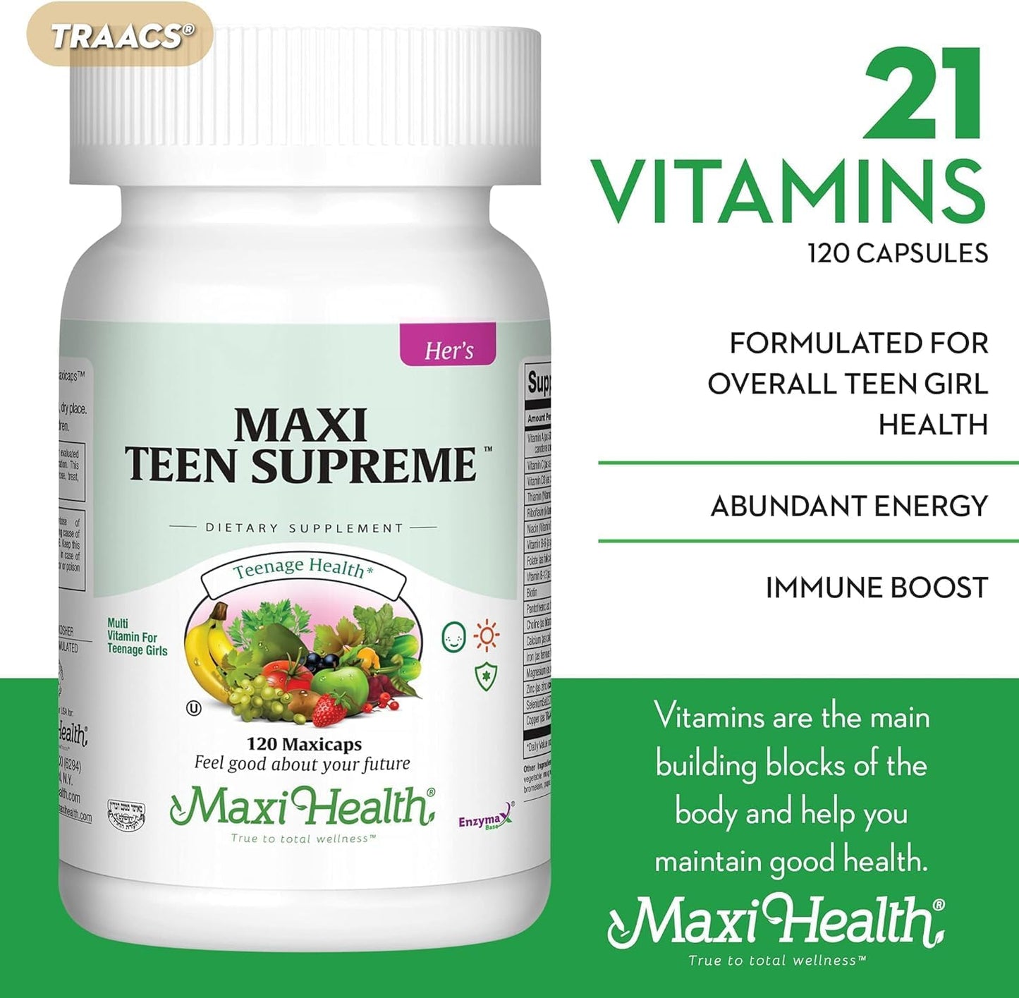 Teen Girls Multivitamin for Energy, Immune Boost & Growth - Maxi Health Teen Supreme Hers (120) - Womens Multi Vitamins with D3, Iron, Calcium & Digestive Enzyme