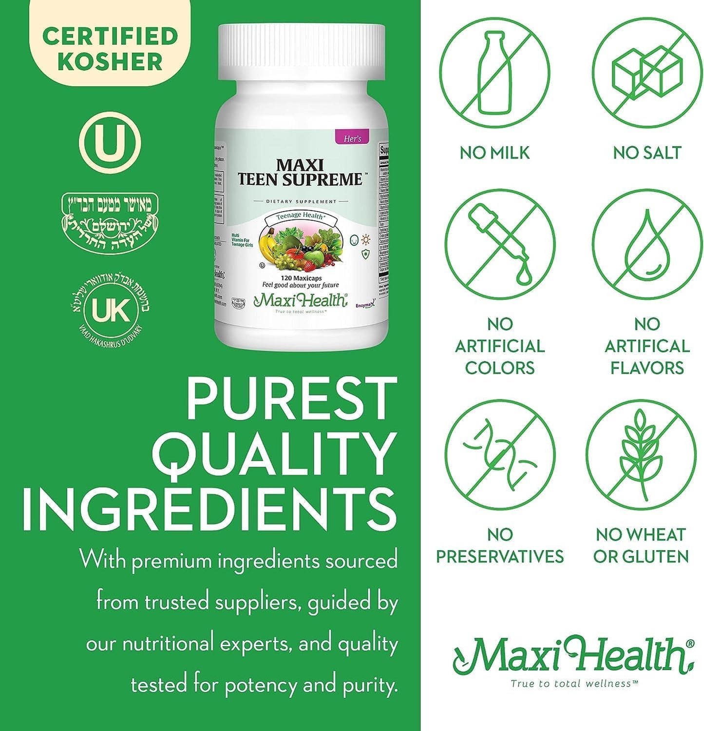 Teen Girls Multivitamin for Energy, Immune Boost & Growth - Maxi Health Teen Supreme Hers (120) - Womens Multi Vitamins with D3, Iron, Calcium & Digestive Enzyme