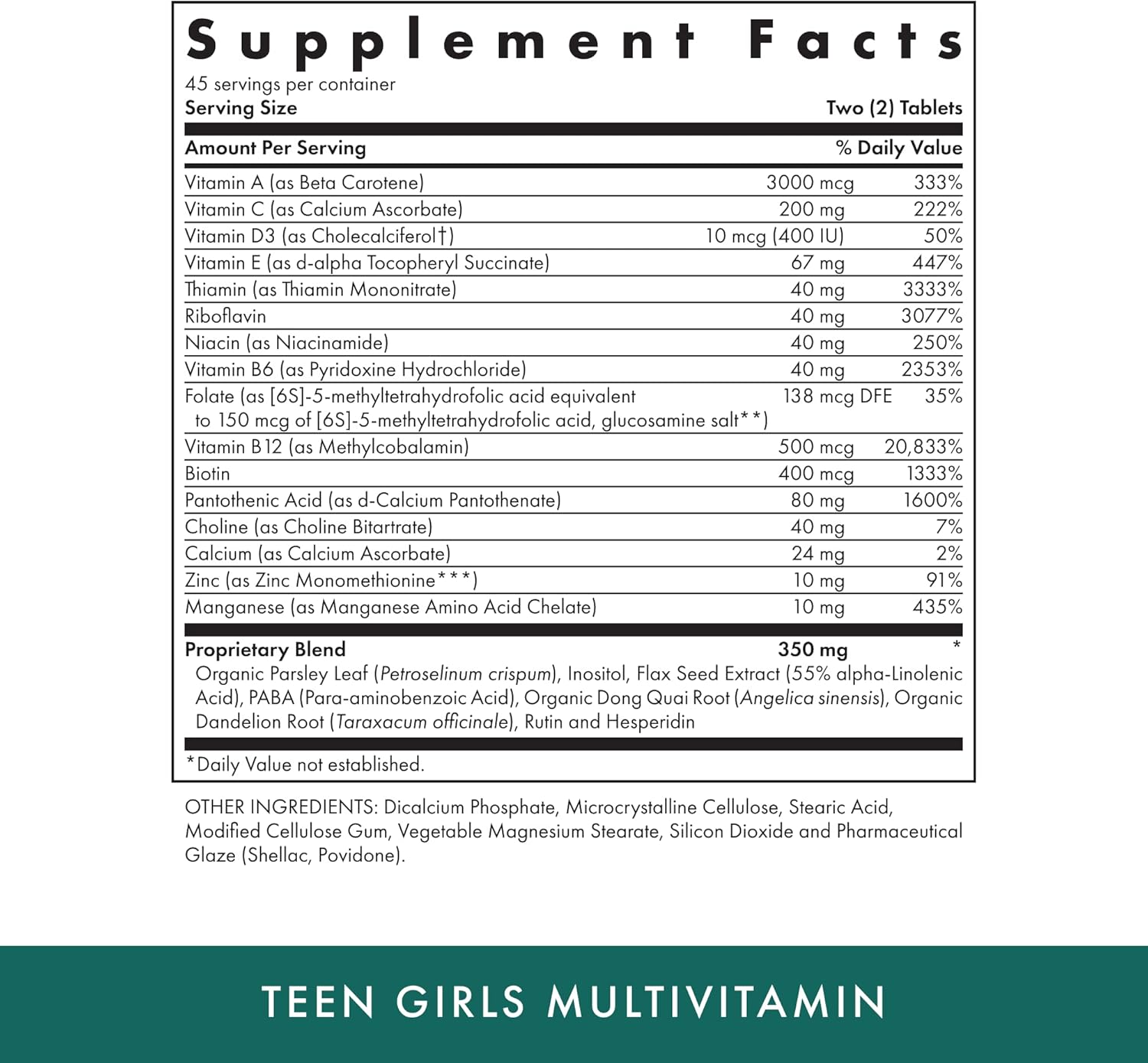 Teen Girls Multivitamin with B Complex Vitamins and Female Herbal Blend - 90 Vegetarian Tablets