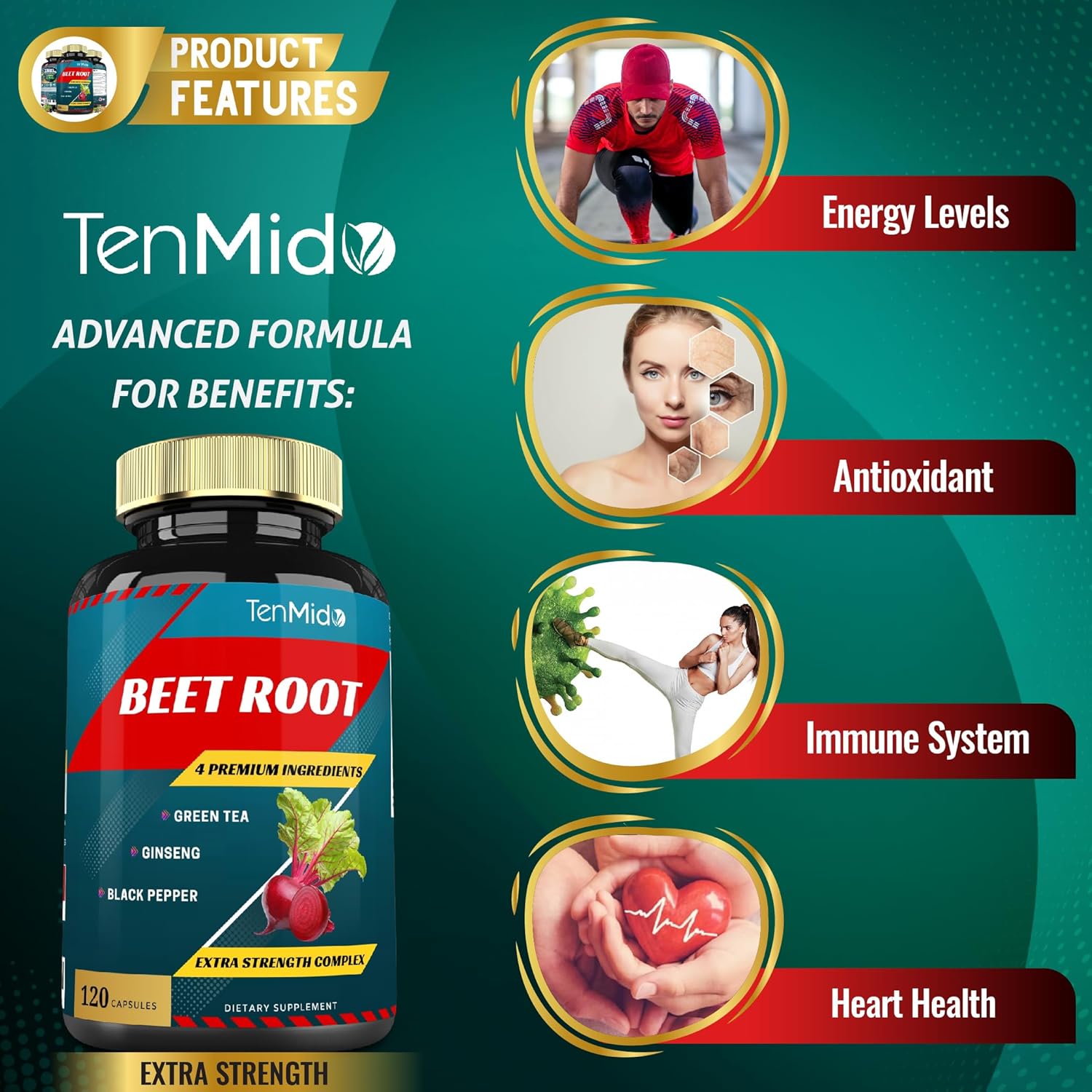Tenmido Beet Root Extract Capsules with Green Tea, Ginseng, and Black Pepper - 4 Month Supply for Enhanced Energy and Athletic Performance