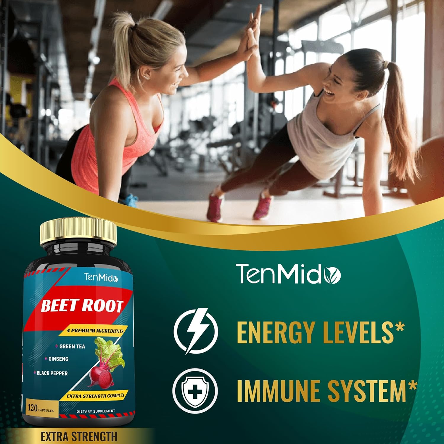 Tenmido Beet Root Extract Capsules with Green Tea, Ginseng, and Black Pepper - 4 Month Supply for Enhanced Energy and Athletic Performance