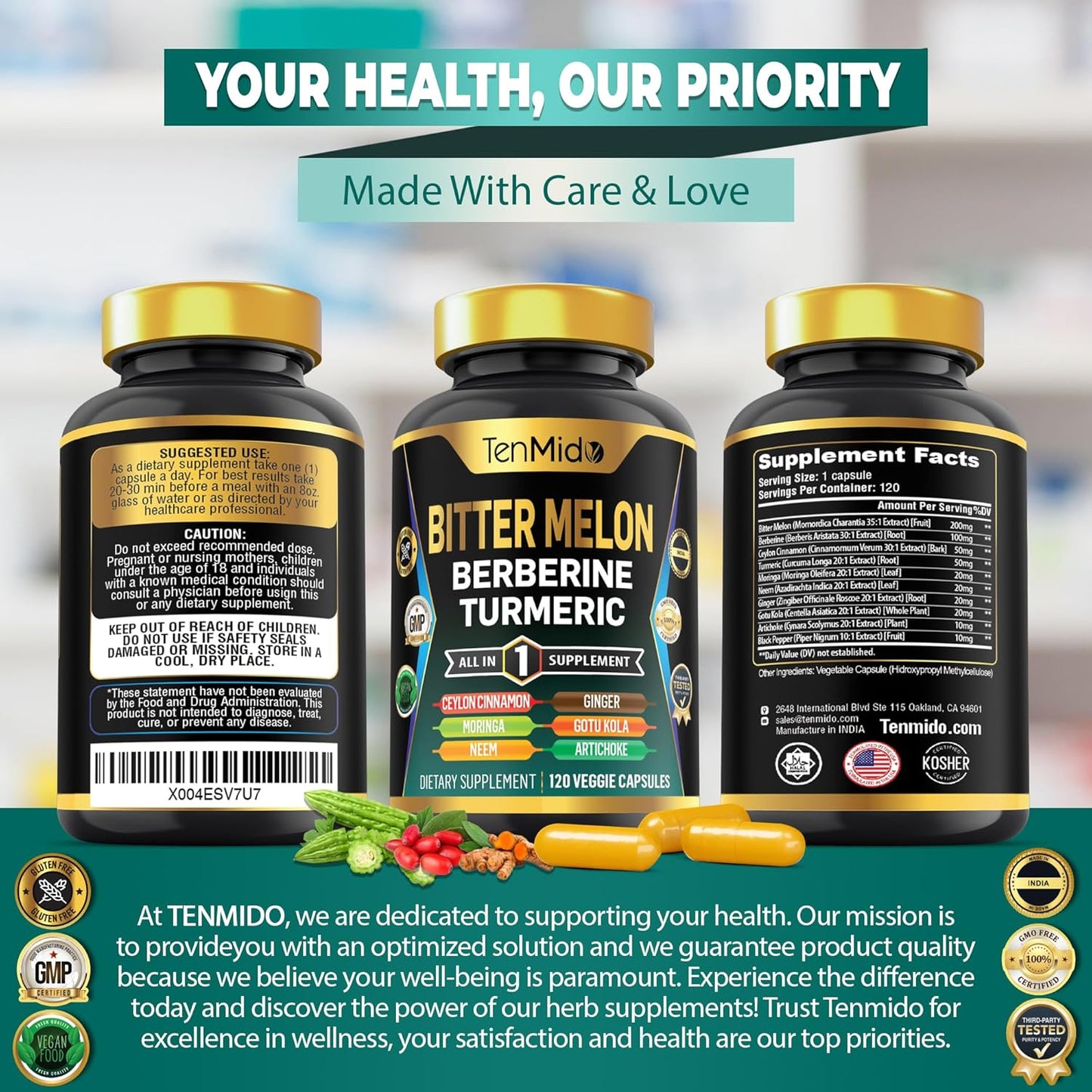 Tenmido Bitter Melon 10in1 Supplement with Berberine, Ceylon Cinnamon, Turmeric, Moringa, Neem, Ginger, Gotu Kola, Artichoke, Black Pepper - 120 Capsules (4 Months Supply)