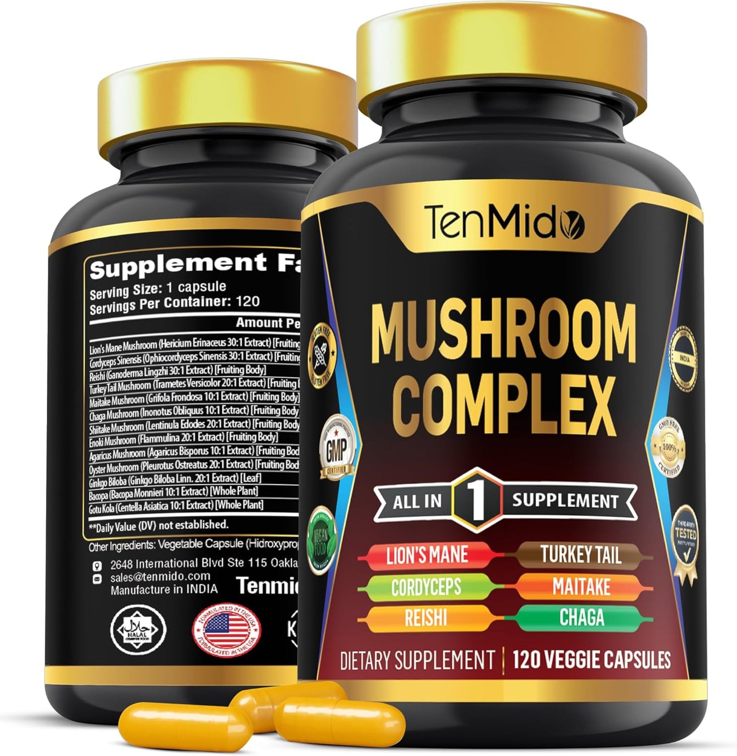 Tenmido Mushroom Complex Supplement - 13in1 Formula - Lion's Mane, Cordyceps, Reishi, Turkey Tail, Maitake, Chaga, Shiitake, Enoki & More - 120 Capsules, 4 Months Supply