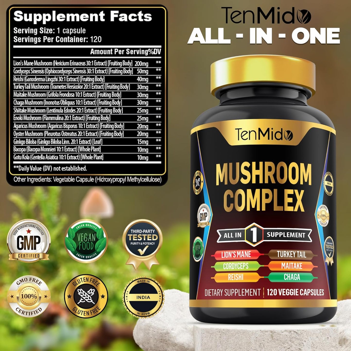 Tenmido Mushroom Complex Supplement - 13in1 Formula - Lion's Mane, Cordyceps, Reishi, Turkey Tail, Maitake, Chaga, Shiitake, Enoki & More - 120 Capsules, 4 Months Supply