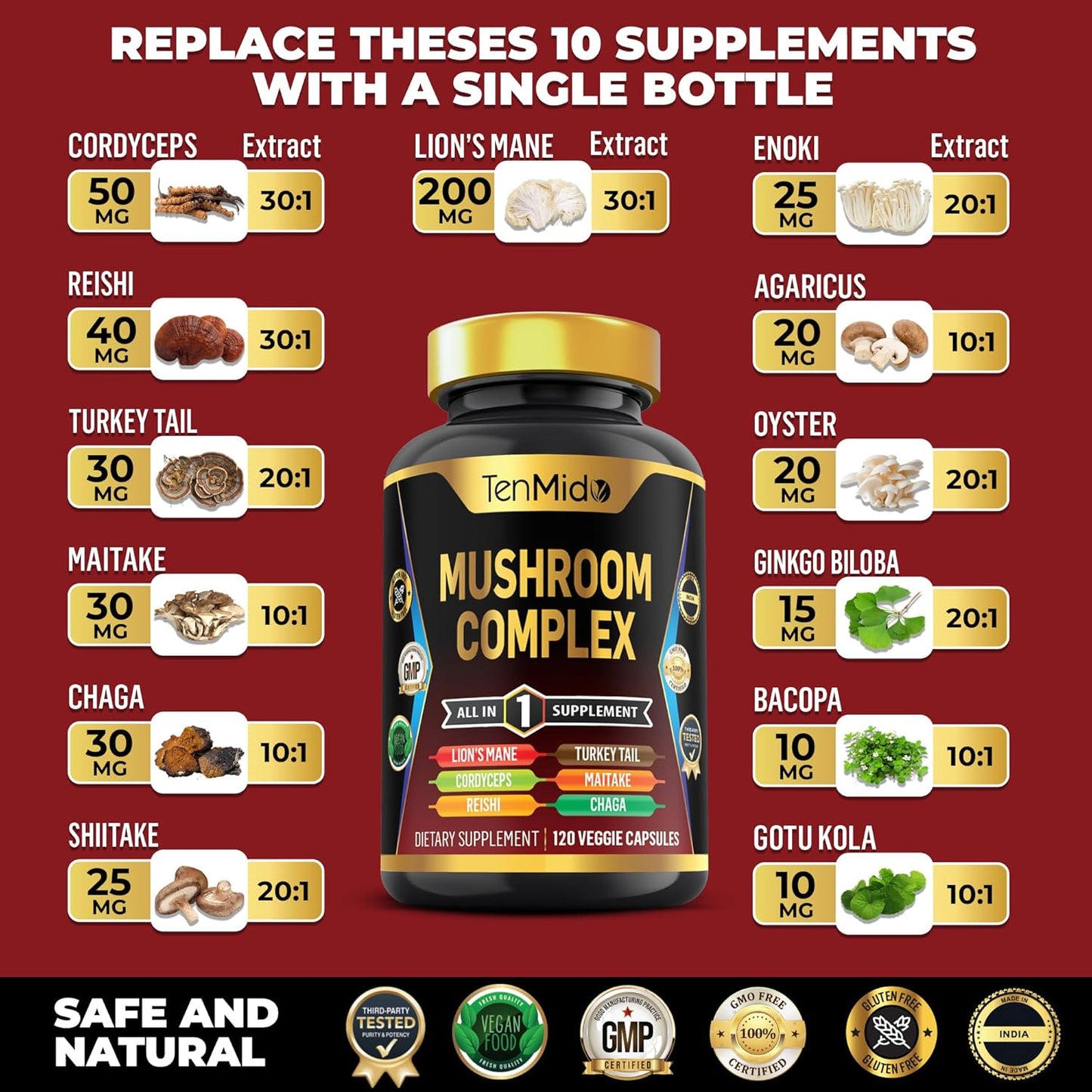 Tenmido Mushroom Complex Supplement - 13in1 Formula - Lion's Mane, Cordyceps, Reishi, Turkey Tail, Maitake, Chaga, Shiitake, Enoki & More - 120 Capsules, 4 Months Supply
