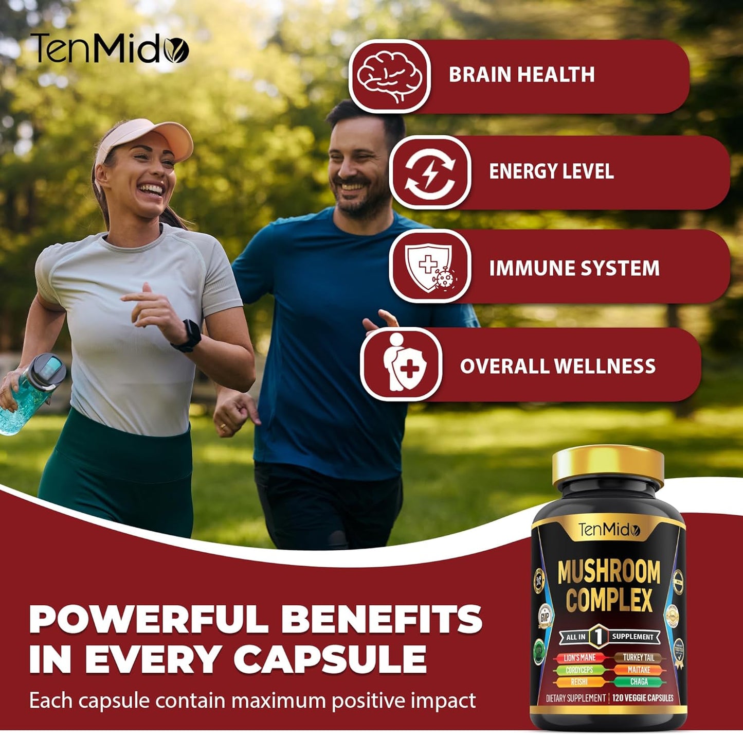 Tenmido Mushroom Complex Supplement - 13in1 Formula - Lion's Mane, Cordyceps, Reishi, Turkey Tail, Maitake, Chaga, Shiitake, Enoki & More - 120 Capsules, 4 Months Supply