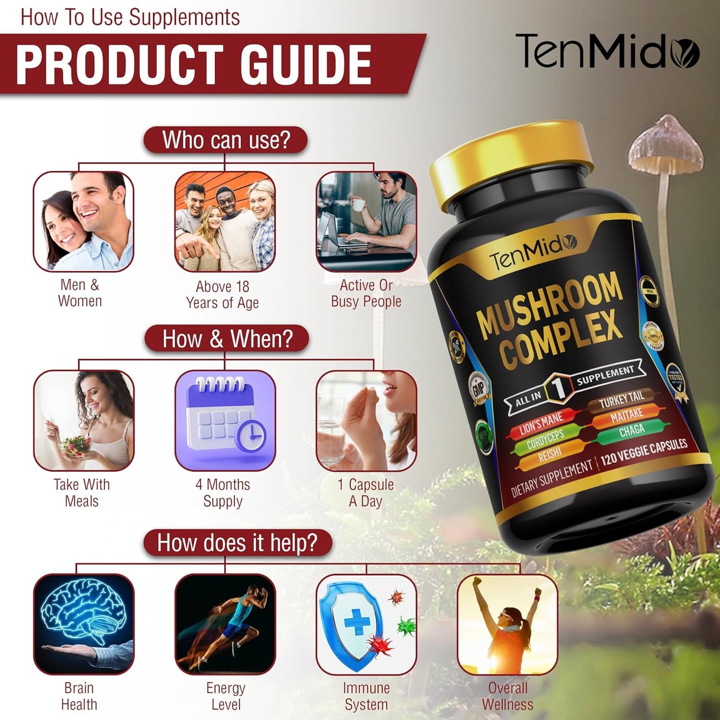 Tenmido Mushroom Complex Supplement - 13in1 Formula - Lion's Mane, Cordyceps, Reishi, Turkey Tail, Maitake, Chaga, Shiitake, Enoki & More - 120 Capsules, 4 Months Supply