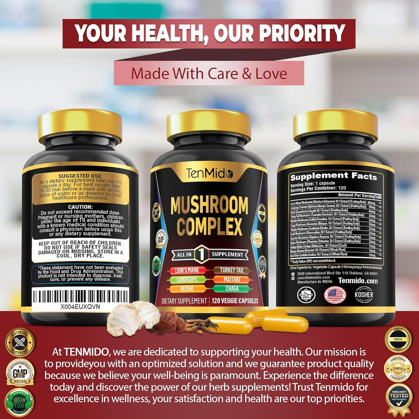 Tenmido Mushroom Complex Supplement - 13in1 Formula - Lion's Mane, Cordyceps, Reishi, Turkey Tail, Maitake, Chaga, Shiitake, Enoki & More - 120 Capsules, 4 Months Supply