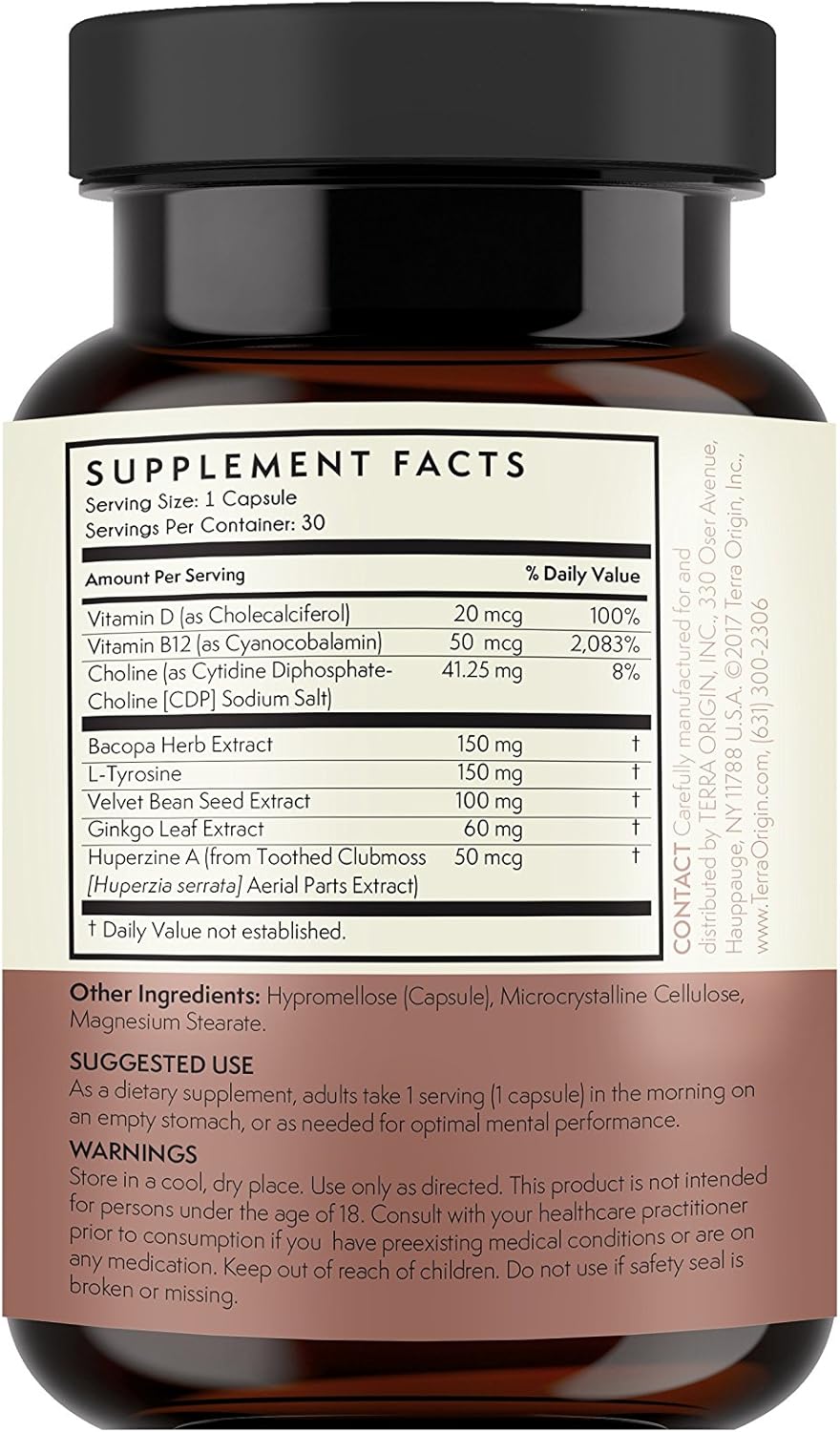 Terra Origin Brain Health Supplement Capsules - 30 Servings with CDP Choline, Ginkgo Biloba, Bacopa - Improves Memory, Recall, Function