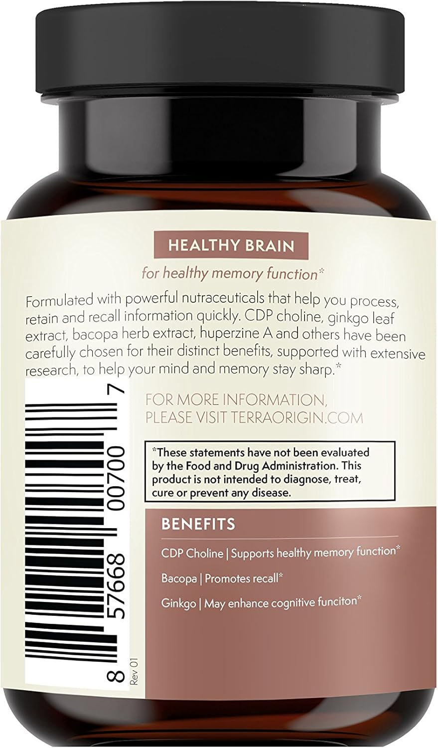 Terra Origin Brain Health Supplement Capsules - 30 Servings with CDP Choline, Ginkgo Biloba, Bacopa - Improves Memory, Recall, Function