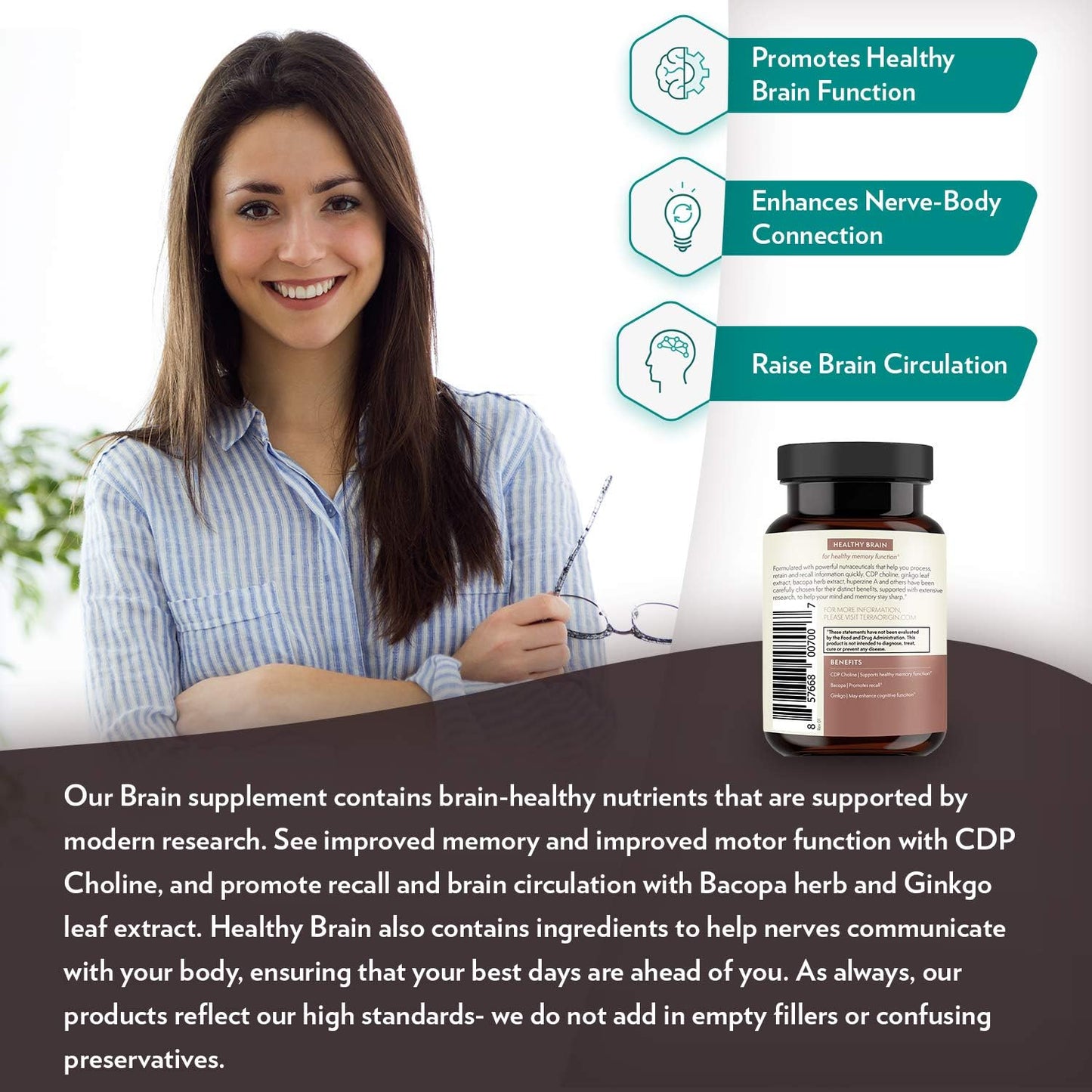 Terra Origin Brain Health Supplement Capsules - 30 Servings with CDP Choline, Ginkgo Biloba, Bacopa - Improves Memory, Recall, Function