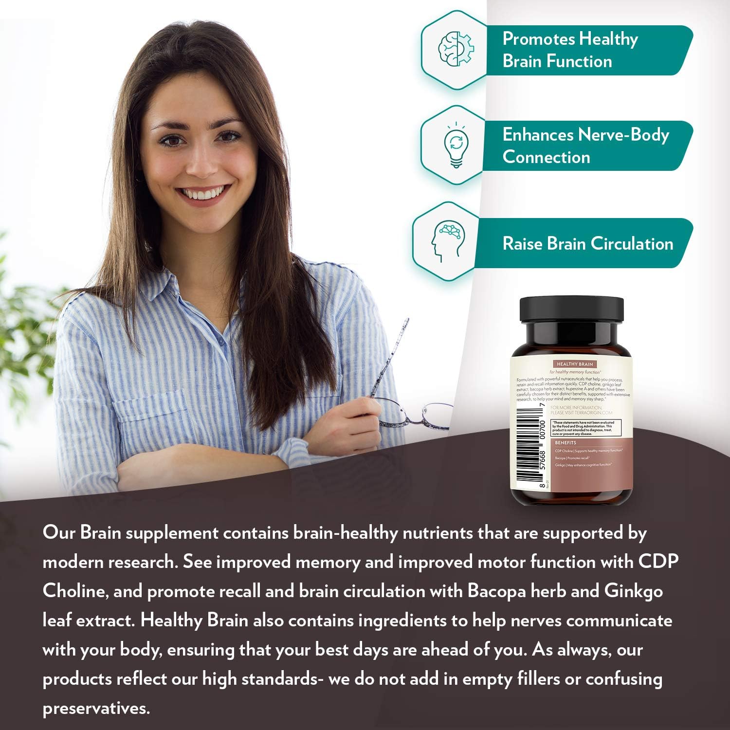 Terra Origin Brain Health Supplement Capsules - 30 Servings with CDP Choline, Ginkgo Biloba, Bacopa - Improves Memory, Recall, Function