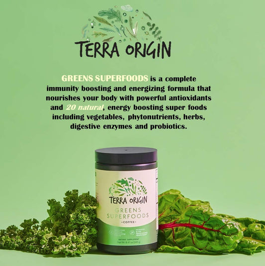 TERRA ORIGIN Coffee Flavored Greens Powder with Probiotics and Digestive Enzymes - Immune and Digestive Support - Non-GMO, Gluten-Free, Vegan - Three 30 Serving Tubs