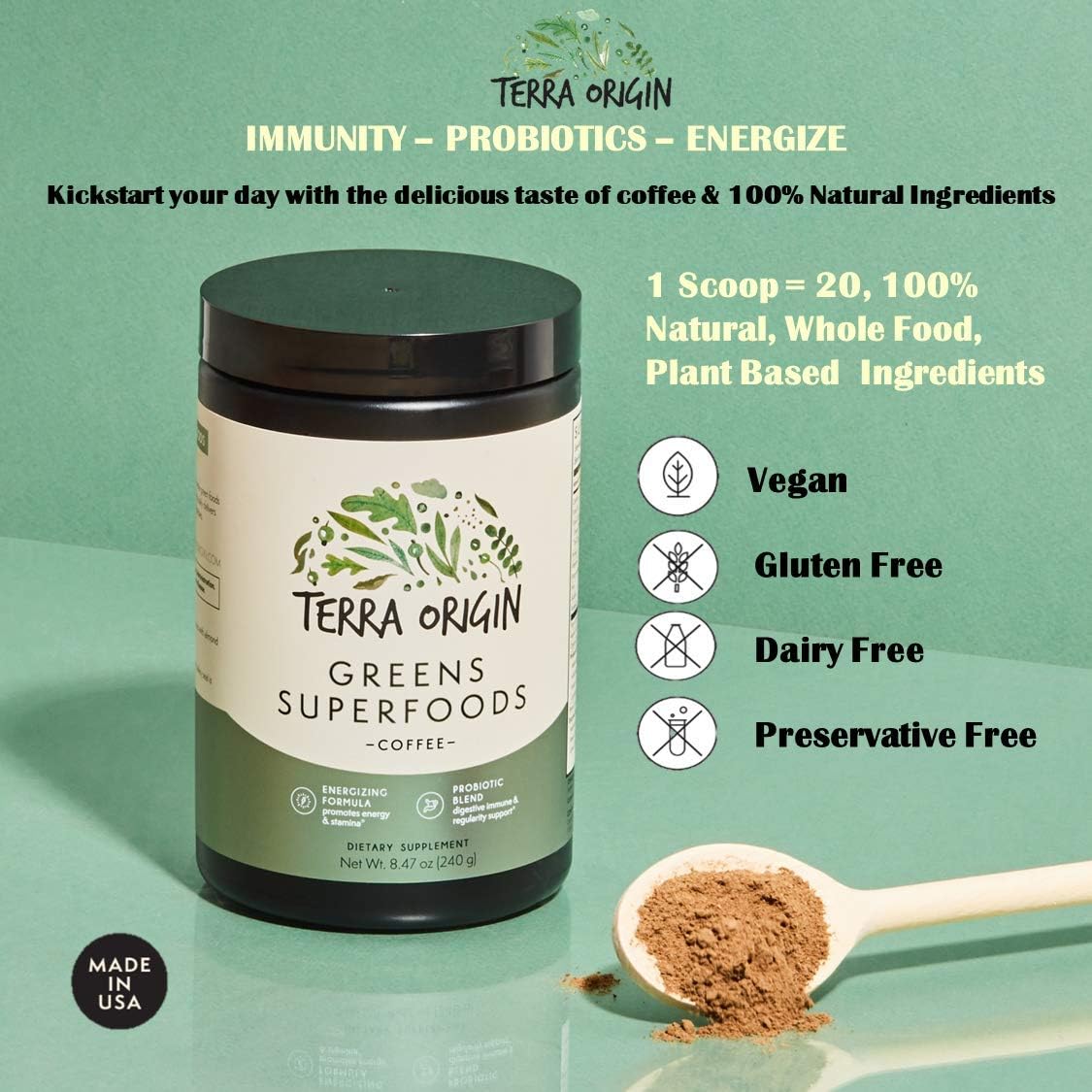 TERRA ORIGIN Coffee Flavored Greens Powder with Probiotics and Digestive Enzymes - Immune and Digestive Support - Non-GMO, Gluten-Free, Vegan - Three 30 Serving Tubs