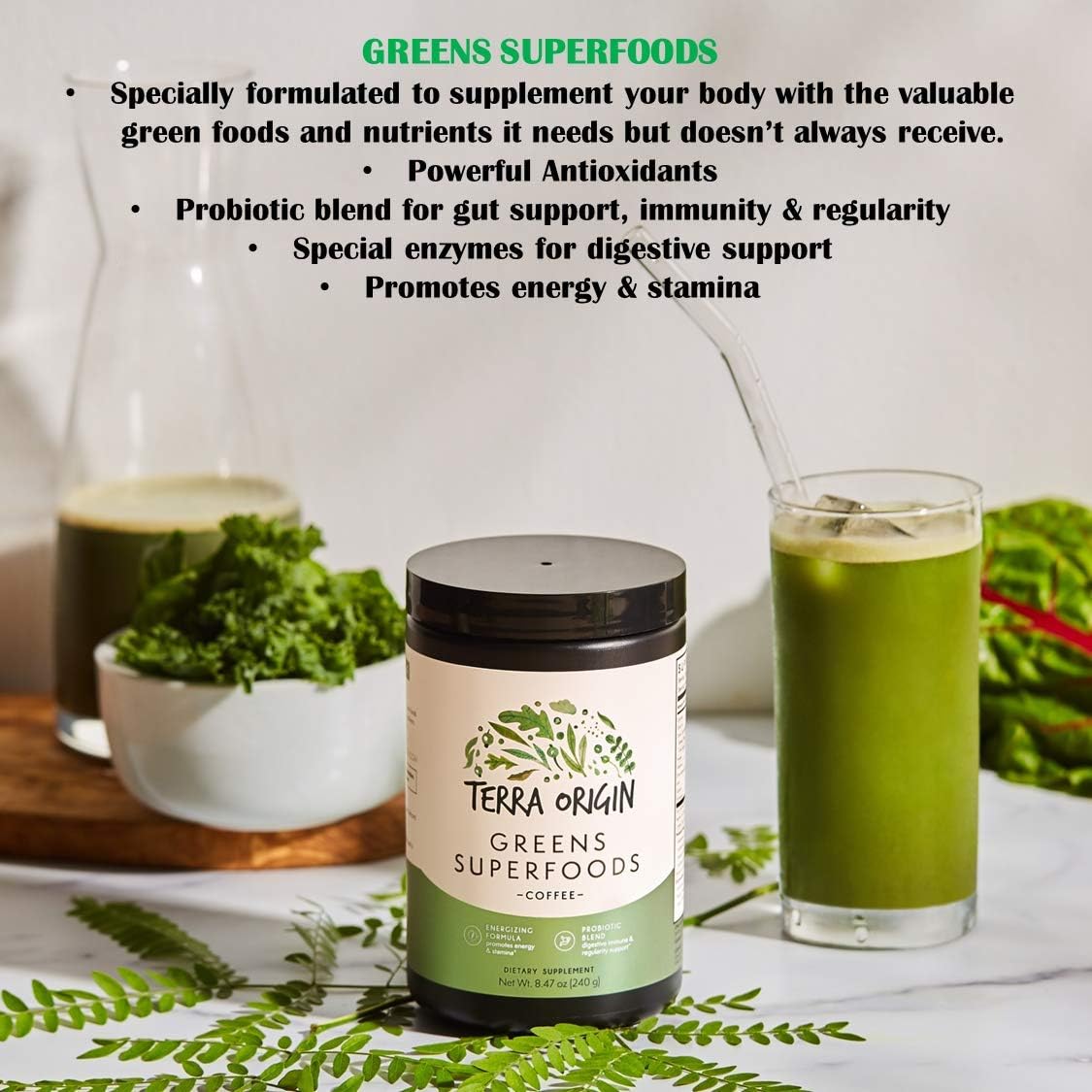 TERRA ORIGIN Coffee Flavored Greens Powder with Probiotics and Digestive Enzymes - Immune and Digestive Support - Non-GMO, Gluten-Free, Vegan - Three 30 Serving Tubs