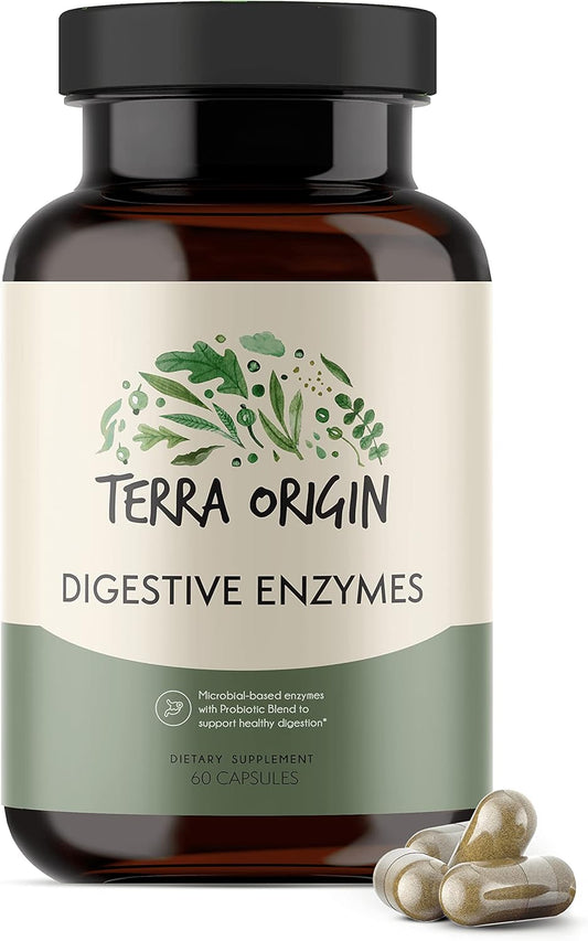 TERRA ORIGIN Digestive Enzymes and Probiotics for Healthy Digestion - Bromelain, Lactase, Amylase, Lipase - 60 Servings, Gluten-Free, USA Made