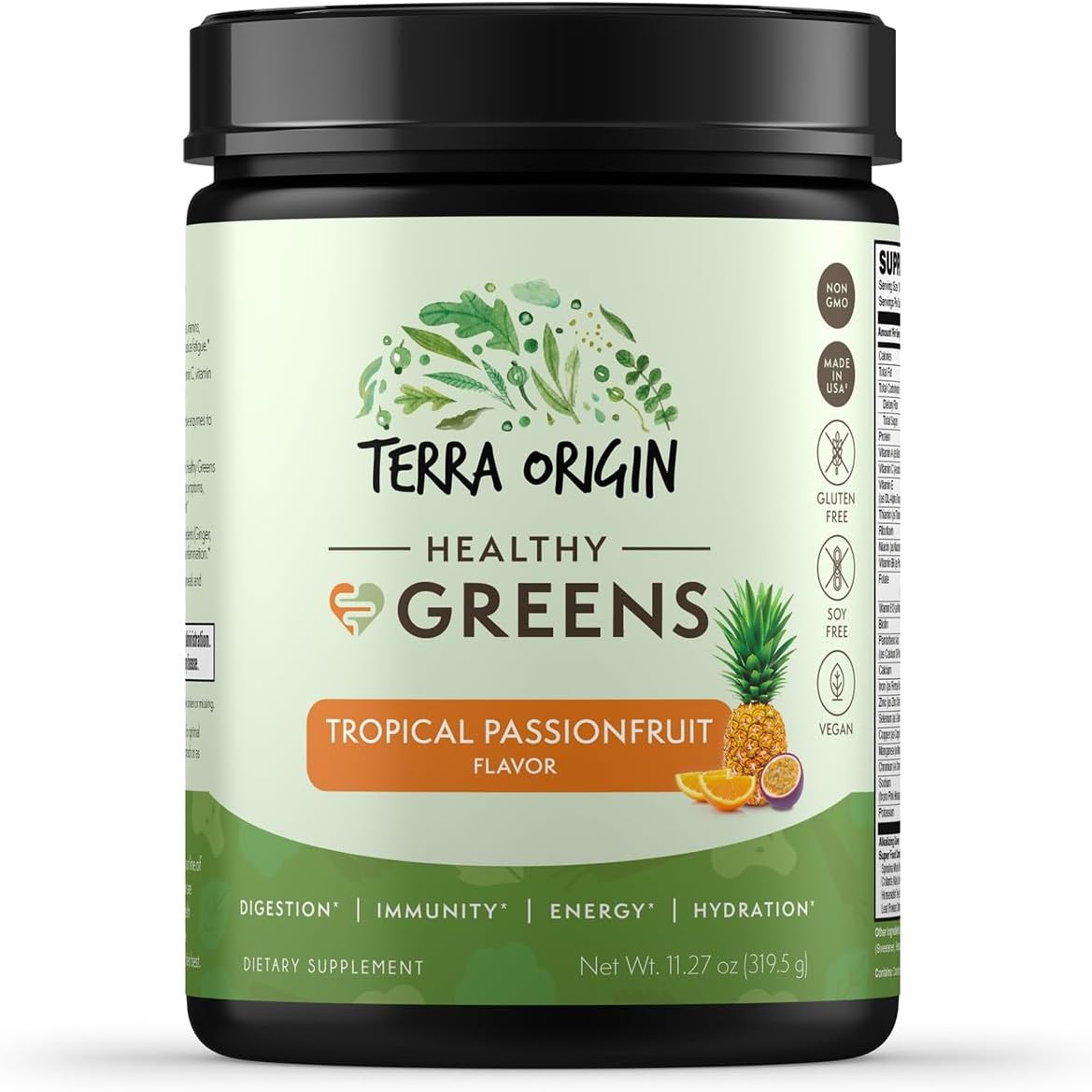 TERRA ORIGIN Tropical Passion Fruit Greens Powder Supplement with Digestive Enzymes, Probiotics & Immune Support for Women - 30 Servings