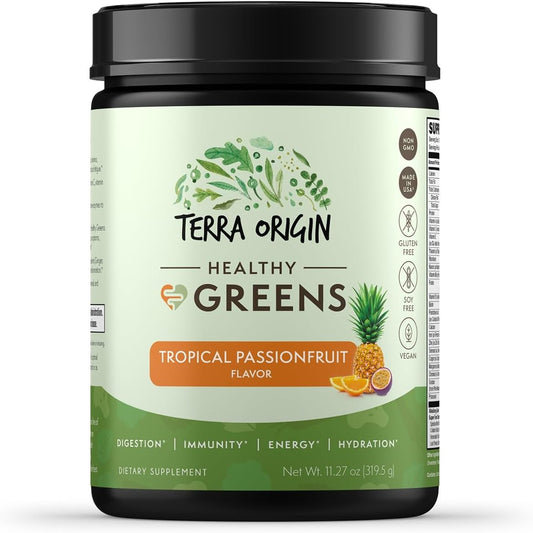 TERRA ORIGIN Tropical Passion Fruit Greens Powder Supplement with Digestive Enzymes, Probiotics & Immune Support for Women - 30 Servings