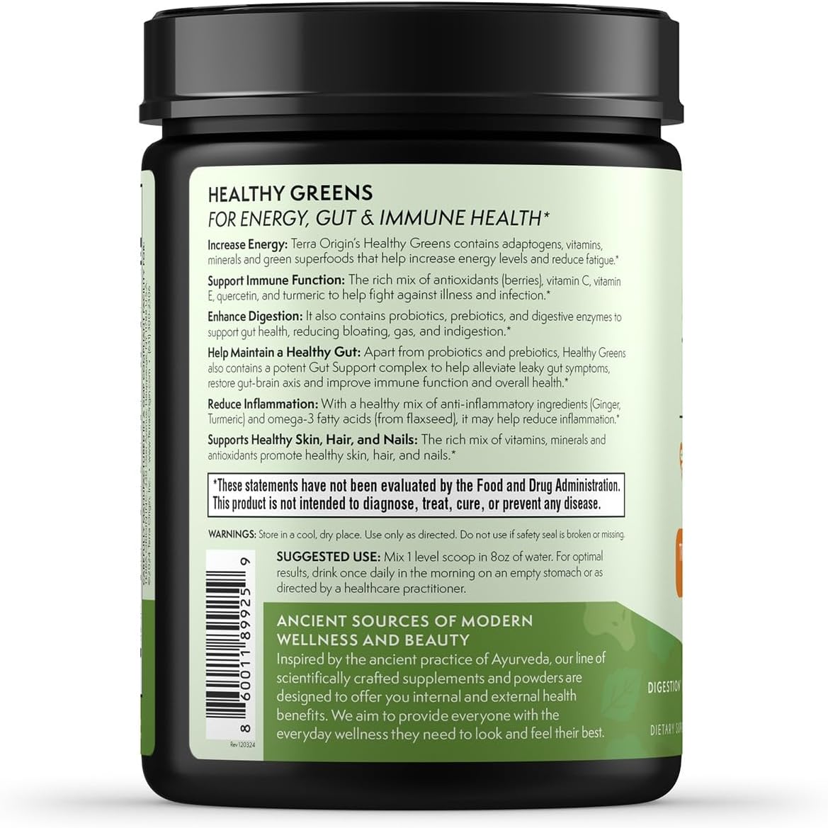 TERRA ORIGIN Tropical Passion Fruit Greens Powder Supplement with Digestive Enzymes, Probiotics & Immune Support for Women - 30 Servings
