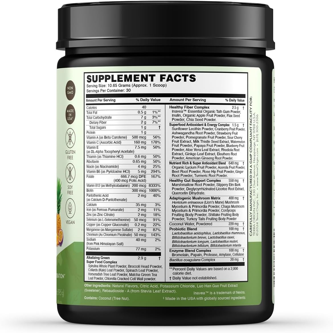 TERRA ORIGIN Tropical Passion Fruit Greens Powder Supplement with Digestive Enzymes, Probiotics & Immune Support for Women - 30 Servings
