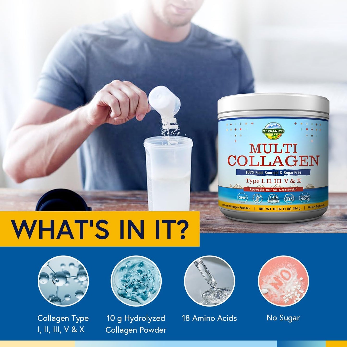 Terranics Multi Collagen Peptides Powder for Skin, Hair & Joints - Hydrolyzed, Unflavored, Keto-Friendly - 16oz