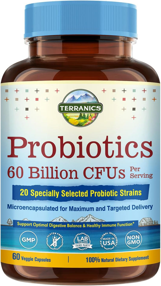 Terranics Probiotics: 60 Billion CFU, 20 Strains, Veg Capsules with Prebiotics, Digestive & Immune Health Support, Non-GMO, Dairy & Gluten-Free, Shelf Stable Supplement for Men & Women