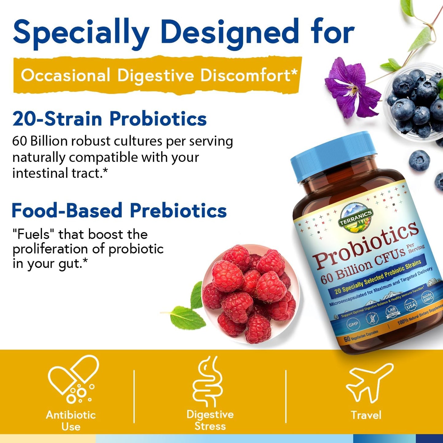 Terranics Probiotics: 60 Billion CFU, 20 Strains, Veg Capsules with Prebiotics, Digestive & Immune Health Support, Non-GMO, Dairy & Gluten-Free, Shelf Stable Supplement for Men & Women