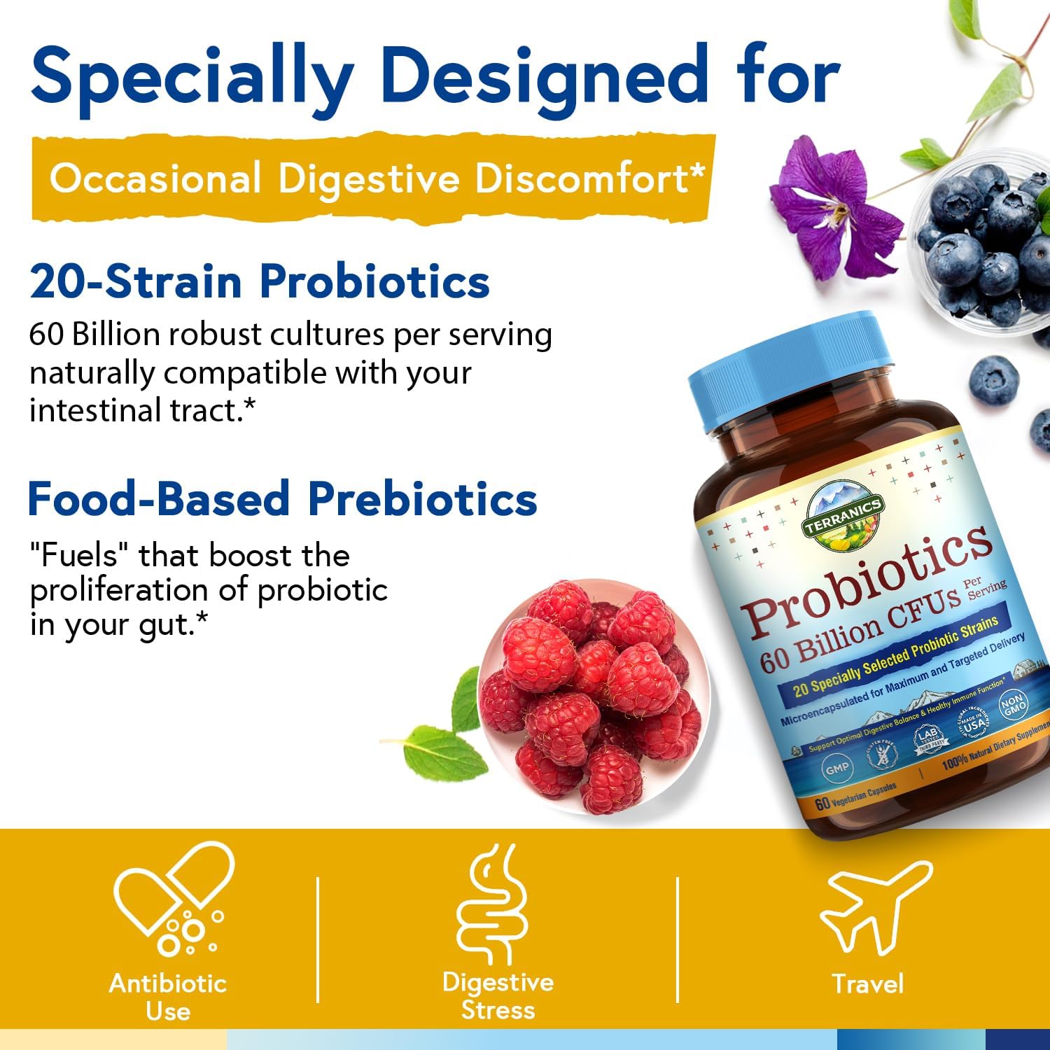 Terranics Probiotics: 60 Billion CFU, 20 Strains, Veg Capsules with Prebiotics, Digestive & Immune Health Support, Non-GMO, Dairy & Gluten-Free, Shelf Stable Supplement for Men & Women