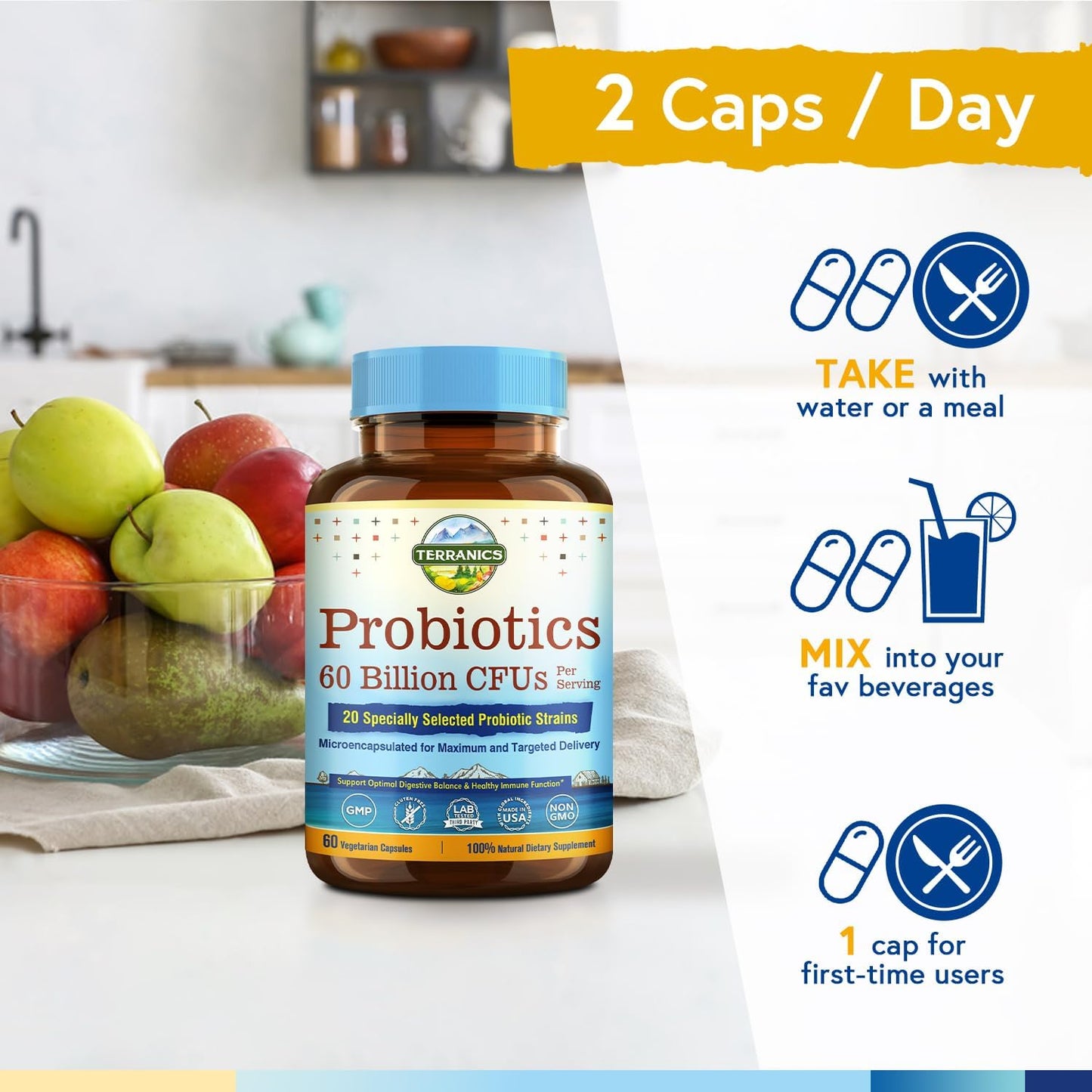 Terranics Probiotics: 60 Billion CFU, 20 Strains, Veg Capsules with Prebiotics, Digestive & Immune Health Support, Non-GMO, Dairy & Gluten-Free, Shelf Stable Supplement for Men & Women