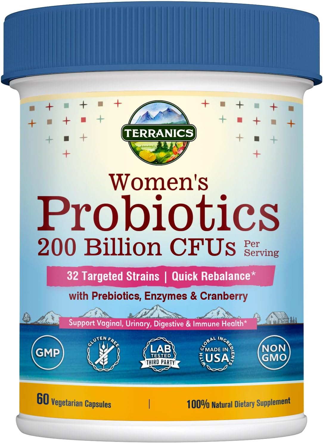 Terranics Women's Daily Probiotics - 200 Billion CFU, 32 Strains, Cranberry & Prebiotics - Balance Vaginal Flora & pH - Delayed Release, Shelf Stable - 60 Vegan Capsules