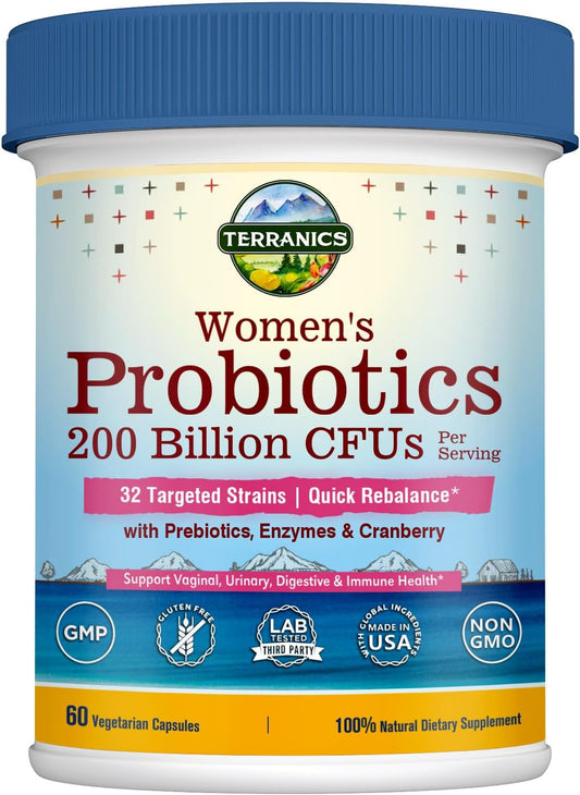 Terranics Women's Daily Probiotics - 200 Billion CFU, 32 Strains, Cranberry & Prebiotics - Balance Vaginal Flora & pH - Delayed Release, Shelf Stable - 60 Vegan Capsules