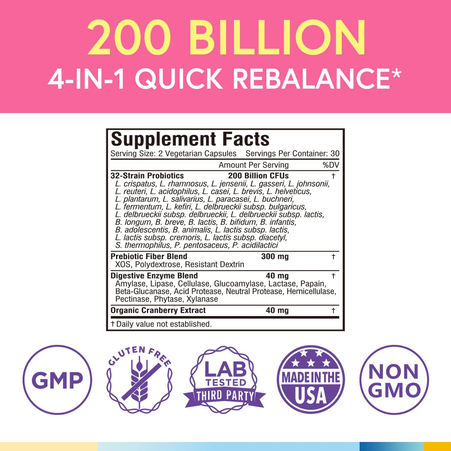 Terranics Women's Daily Probiotics - 200 Billion CFU, 32 Strains, Cranberry & Prebiotics - Balance Vaginal Flora & pH - Delayed Release, Shelf Stable - 60 Vegan Capsules