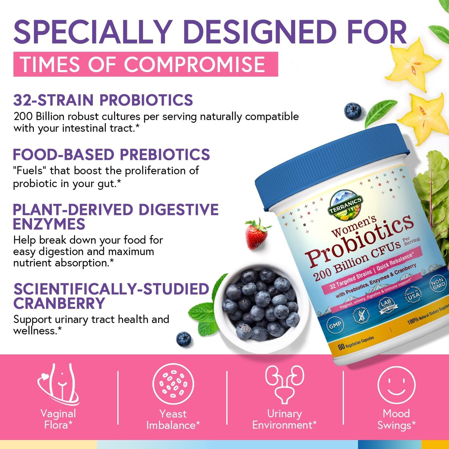 Terranics Women's Daily Probiotics - 200 Billion CFU, 32 Strains, Cranberry & Prebiotics - Balance Vaginal Flora & pH - Delayed Release, Shelf Stable - 60 Vegan Capsules