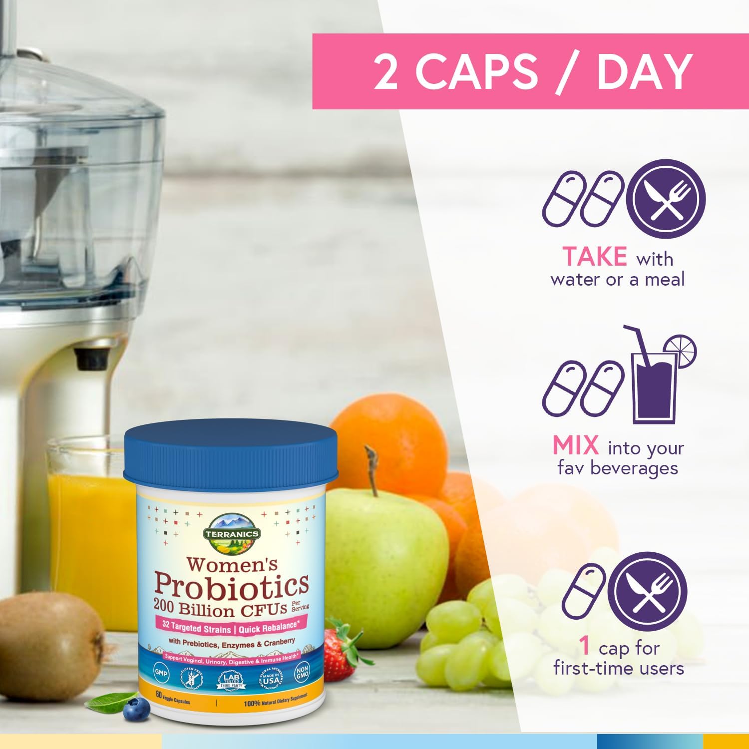 Terranics Women's Daily Probiotics - 200 Billion CFU, 32 Strains, Cranberry & Prebiotics - Balance Vaginal Flora & pH - Delayed Release, Shelf Stable - 60 Vegan Capsules