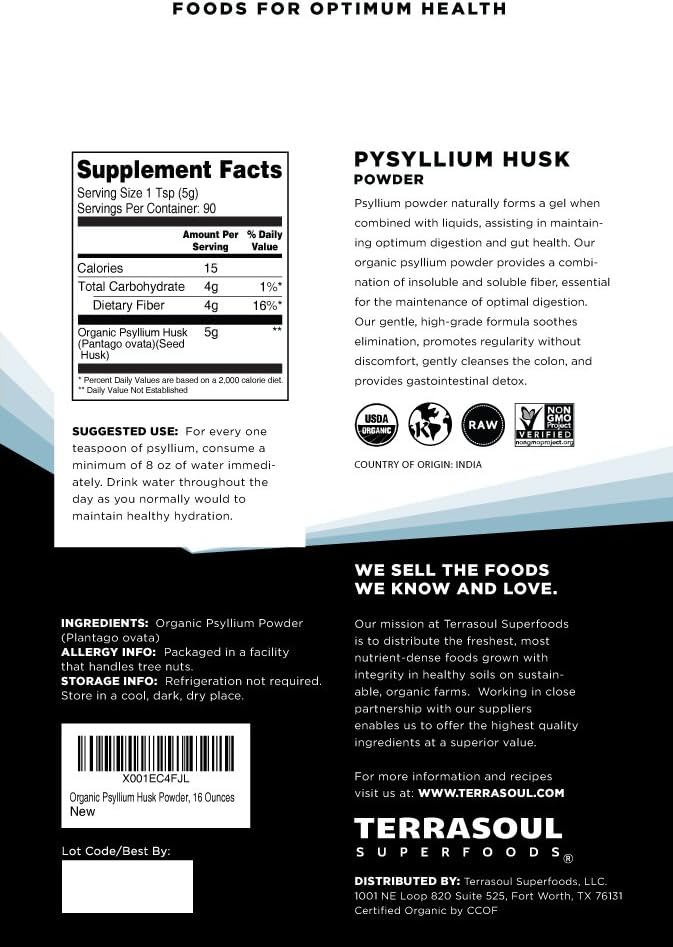 Terrasoul Superfoods Organic Psyllium Husk Powder - 1 Lb | Superfine Texture for Keto Baking | High Purity Fibre Supplement