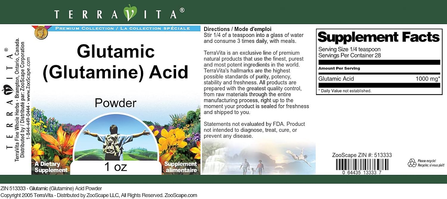 Terravita Glutamic (Glutamine) Acid Powder - 3 Pack, 1 oz per Pack